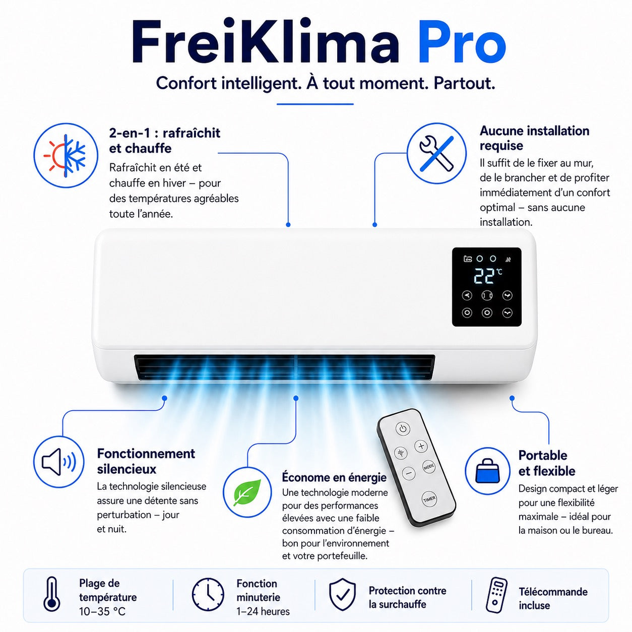 FreiKlima Pro – Climatiseur portable 2-en-1 avec chauffage | Sans installation | Jusqu’à 51 m²