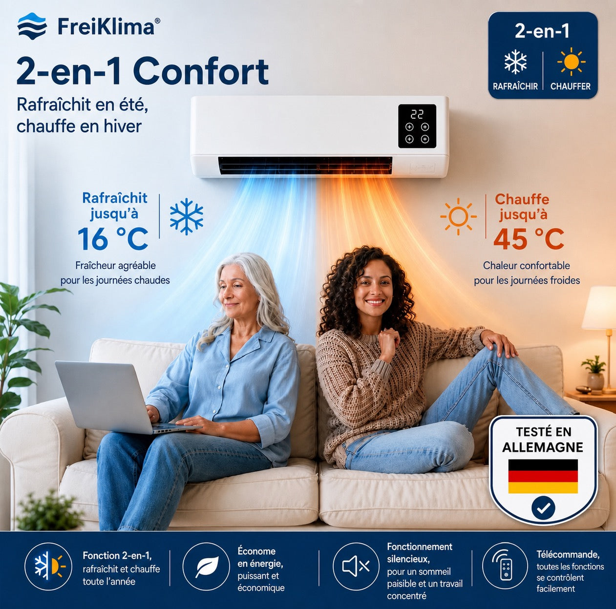 FreiKlima Pro – Climatiseur portable 2-en-1 avec chauffage | Sans installation | Jusqu’à 51 m²