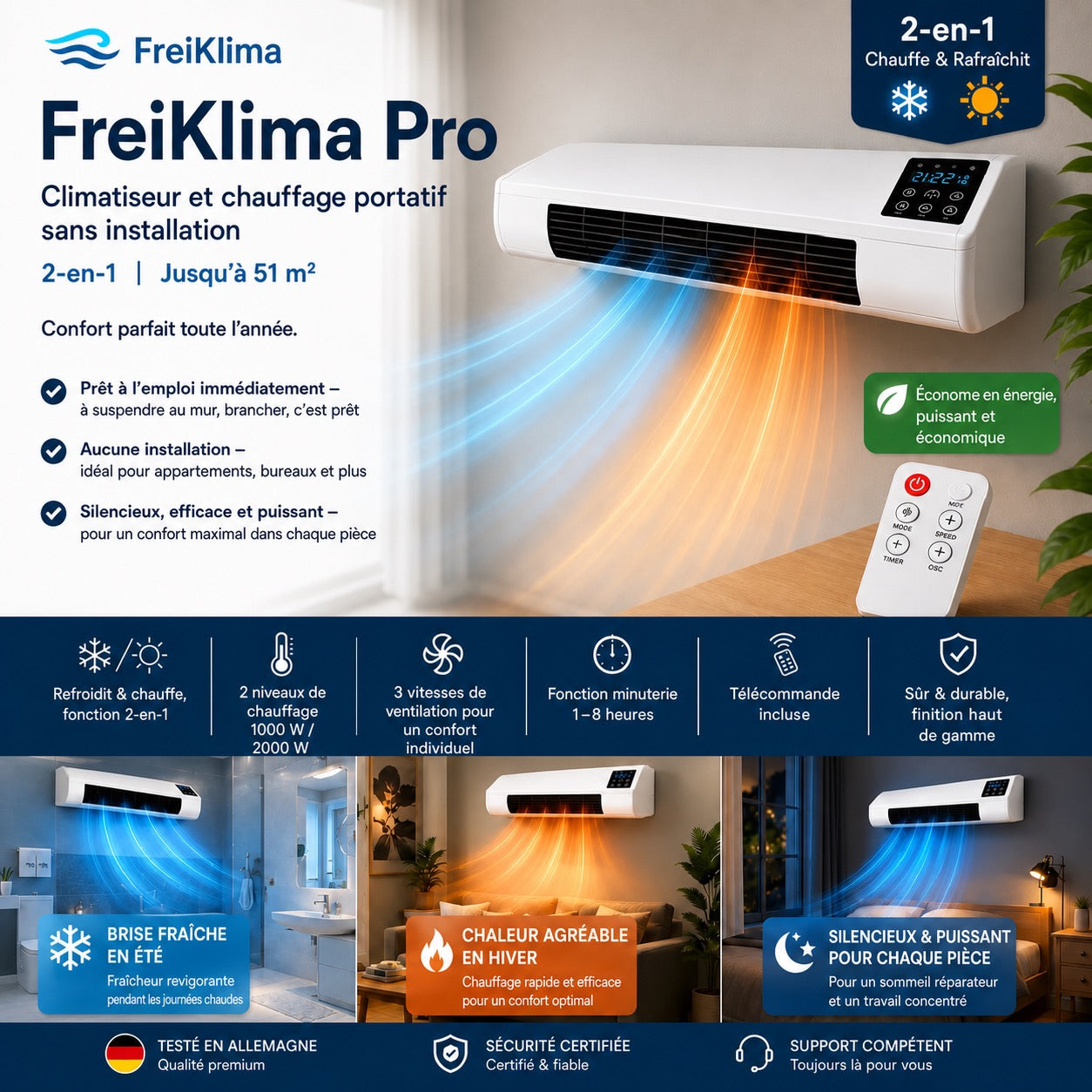 FreiKlima Pro – Climatiseur portable 2-en-1 avec chauffage | Sans installation | Jusqu’à 51 m²