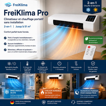 FreiKlima Pro – Climatiseur portable 2-en-1 avec chauffage | Sans installation | Jusqu’à 51 m²