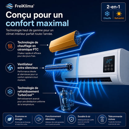 FreiKlima Pro – Climatiseur portable 2-en-1 avec chauffage | Sans installation | Jusqu’à 51 m²