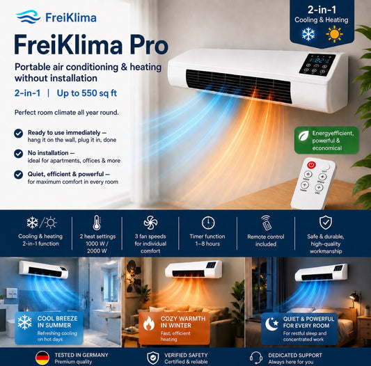 FreiKlima Pro – Portable Cooling & Heating Unit | No Installation Required | 2-in-1 Comfort for Rooms up to 550 sq ft